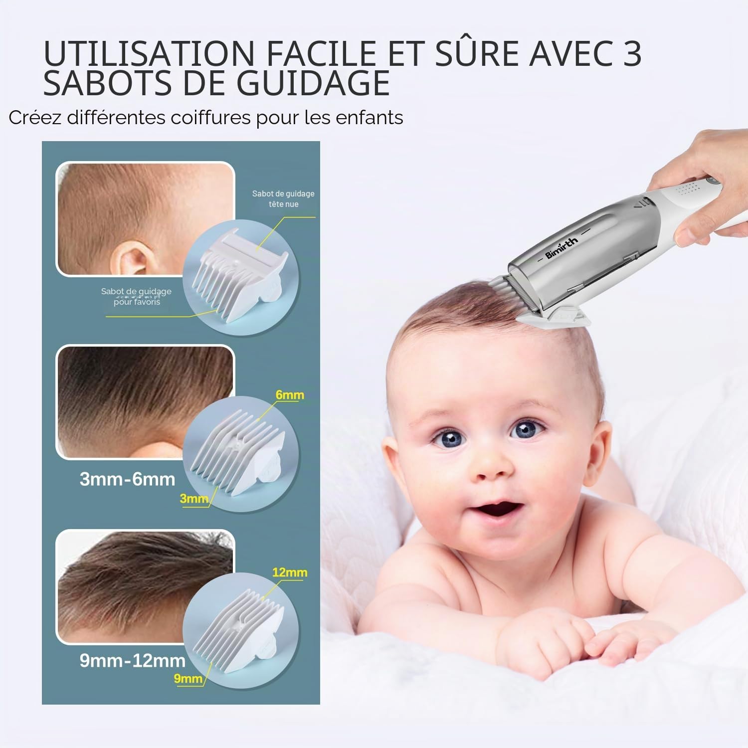 Bimirth Tondeuse à Cheveux pour Bébé, Tondeuse Bebe Silencieux - Sans fil - Silencieuse - Câble USB - Rechargeable - dans un Sac pour un Rangement Facile - Étanche - 3 peignes de protection (Vacuum)