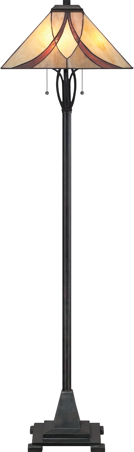 Quoizel Asheville 2-Light Valiant Bronze Floor Lamp with Handcrafted Tiffany-Style Art Glass, Traditional Style Portable Lamp for Living Room, Bedroom, Home Office, or Kitchen