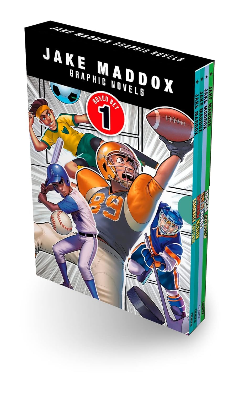 Jake Maddox Graphic Novels Boxed Set 1: Comeback Catcher, Daydream Receiver, Home Ice Rivals, Soccer Superstar Paperback – July 28, 2023