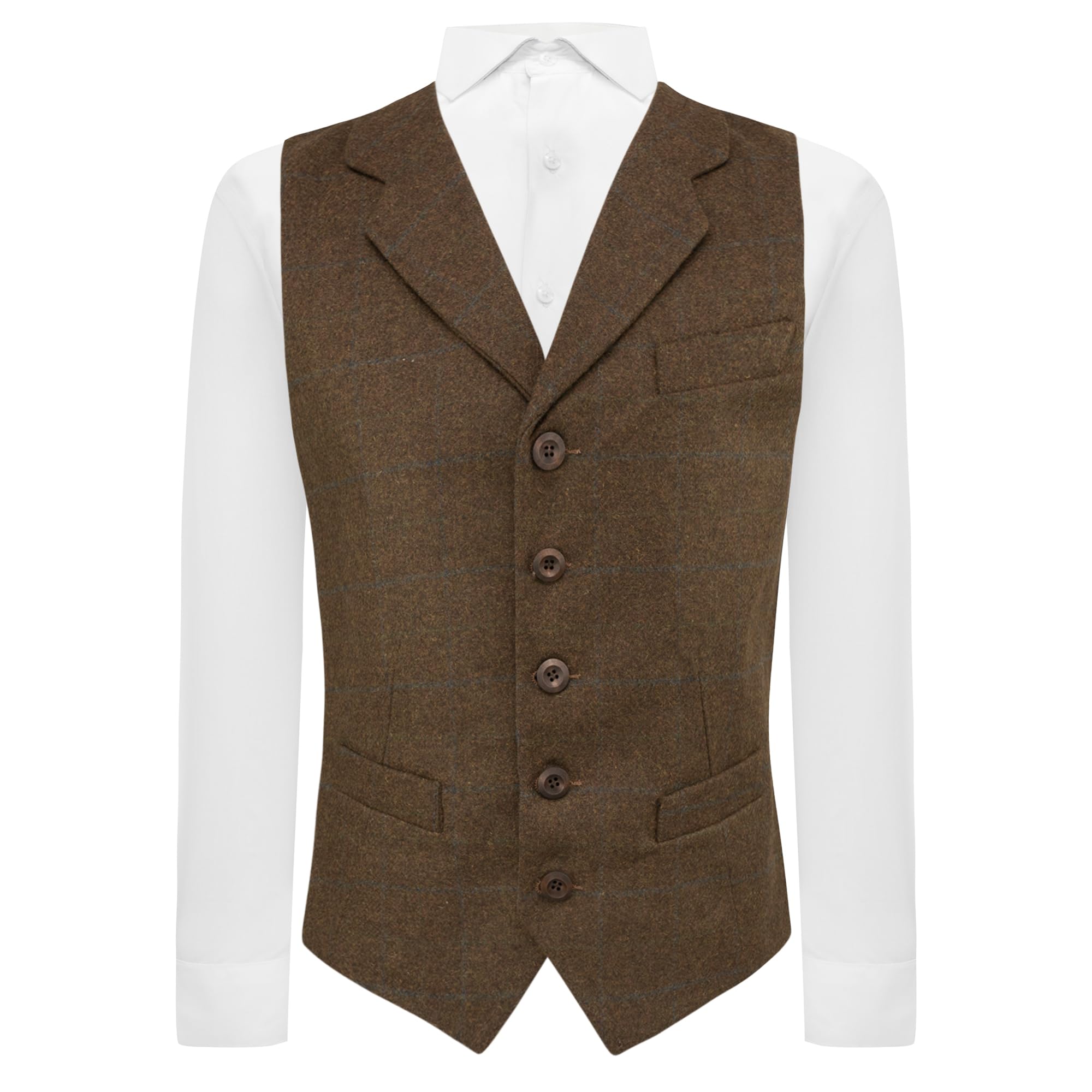 King & Priory Cedar Brown Heritage Check Waistcoat with Lapel, Tweed (S)