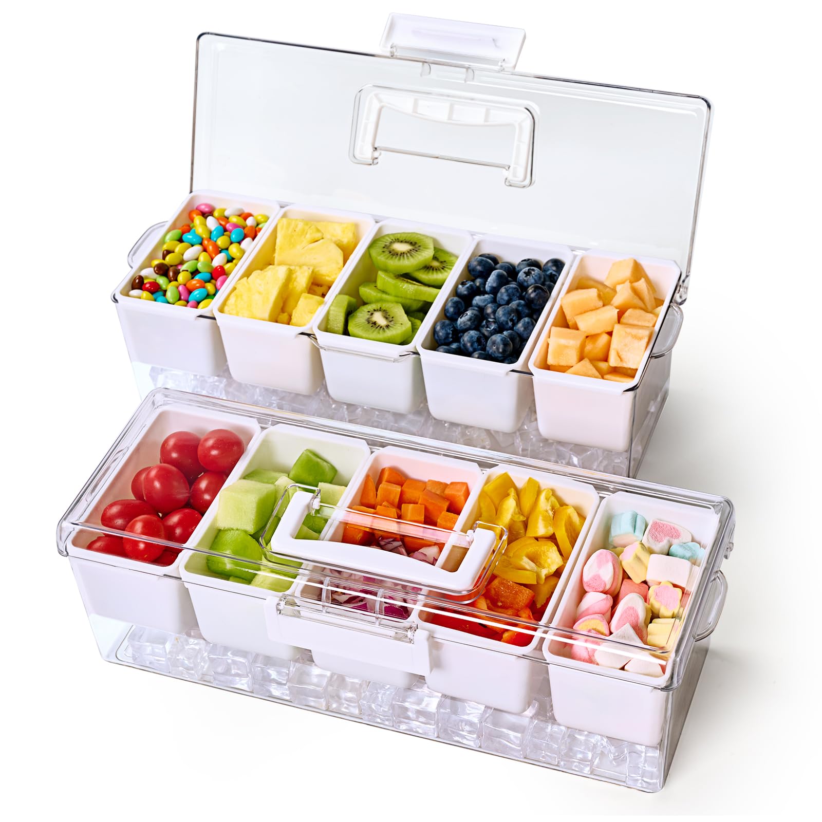 Lot de 2 plateaux à condiments réfrigérés avec 5 compartiments amovibles et poignée cachée, organisateur de condiments glacés, plateau de service transparent pour camping, fruits, salade