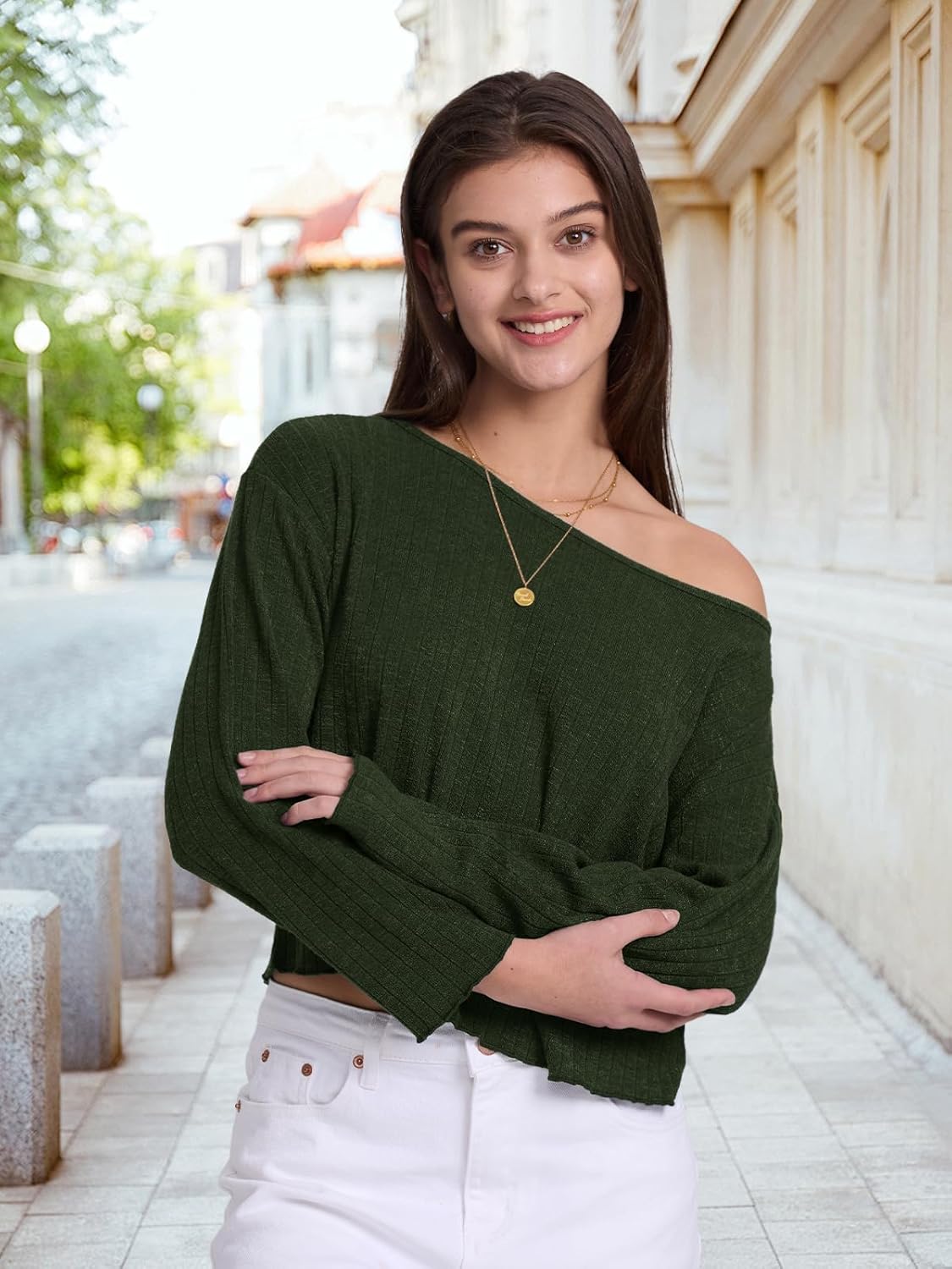 Womens Long Sleeve Crop Tops Off Shoulder Cropped Shirts Loose Casual Y2k Tops Basic Tees Fall Sweaters for Women - Image 2