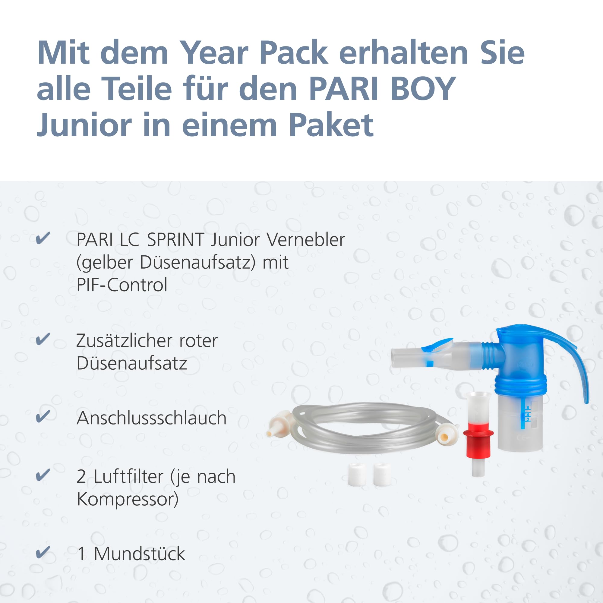 PARI Boy Junior Year Pack zestaw wymienny z 2 nebulizatorami PARI LC SPRINT Junior z PIF-Control, 1 wąż przyłączeniowy, 2 filtry powietrza, 1 ustnik - akcesoria PARI boy