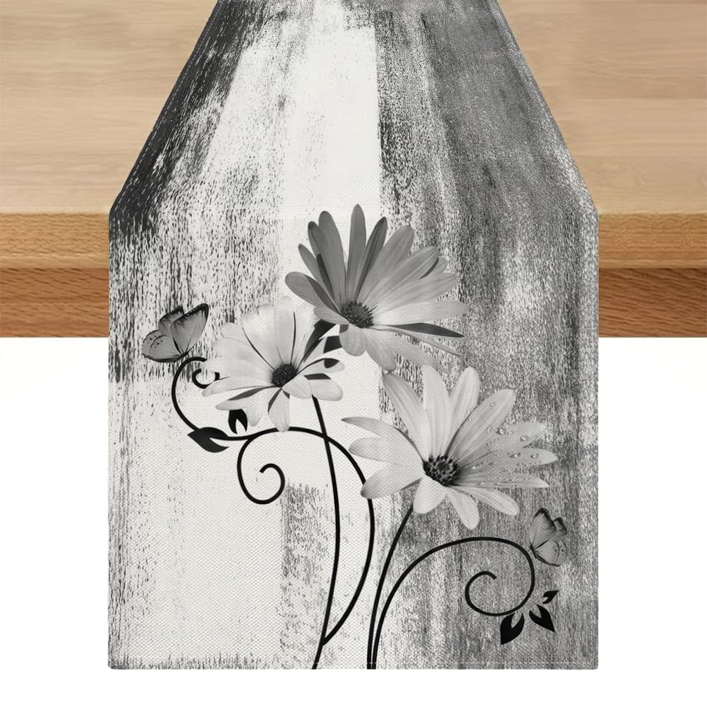 Table Runner Grey 40 x 140 cm, Plants Flowers Table Runner Water-Repellent Outdoor Washable Runner Table Spring Modern Kitchen Dining Table Decoration for Indoor Dining Room Party