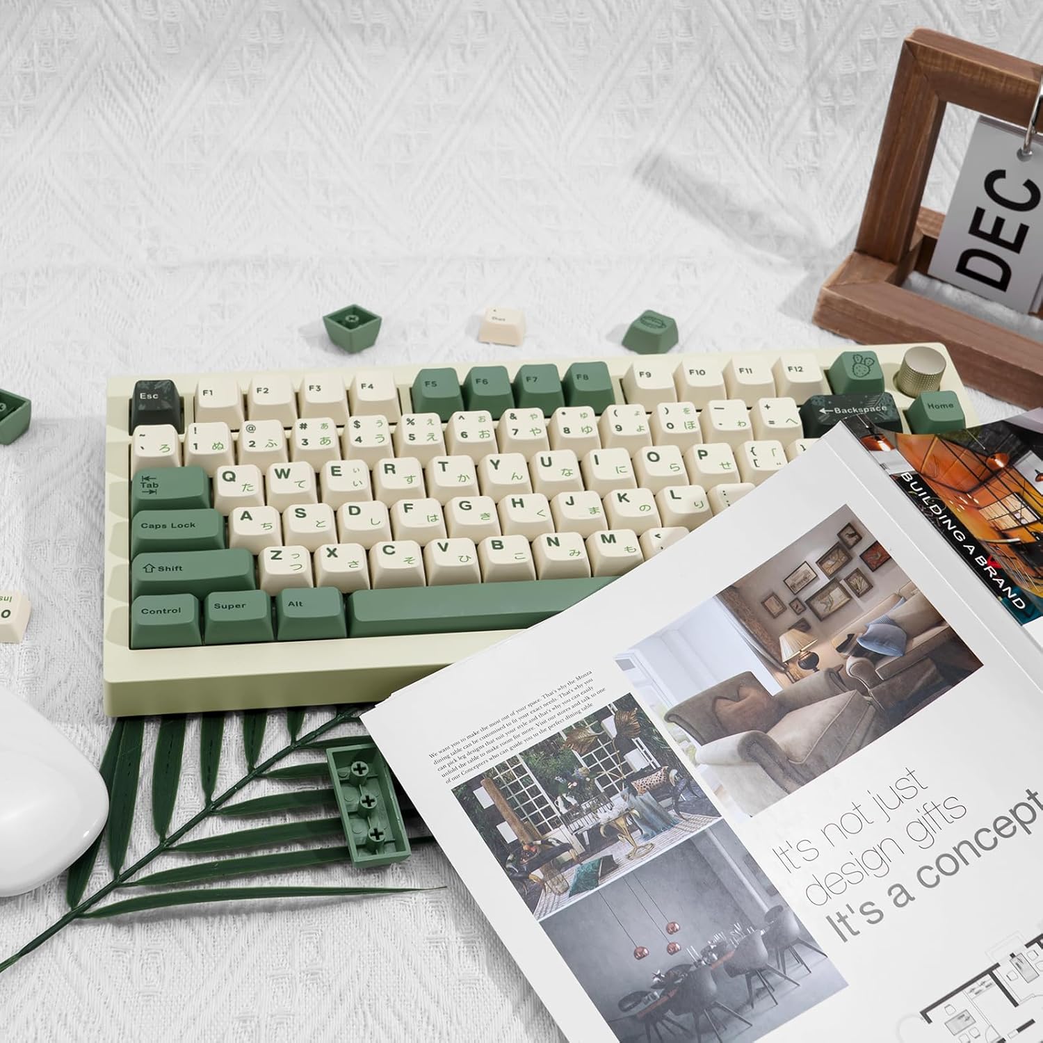130 Keys MDA Profile Keycaps Set, Green Japanese PBT Keycaps, Dye-Sub Custom Retro Keycap ANSI/ISO Layout for Cherry MX Mechanical Keyboard (Botanical Theme)