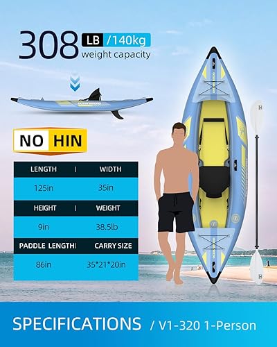 Miniatura 2 de OCEANBROAD Kayak hinchable, con paleta, asiento de kayak, pedal, bomba de mano y bolsa, 1 persona2 personas, azulazul cielo