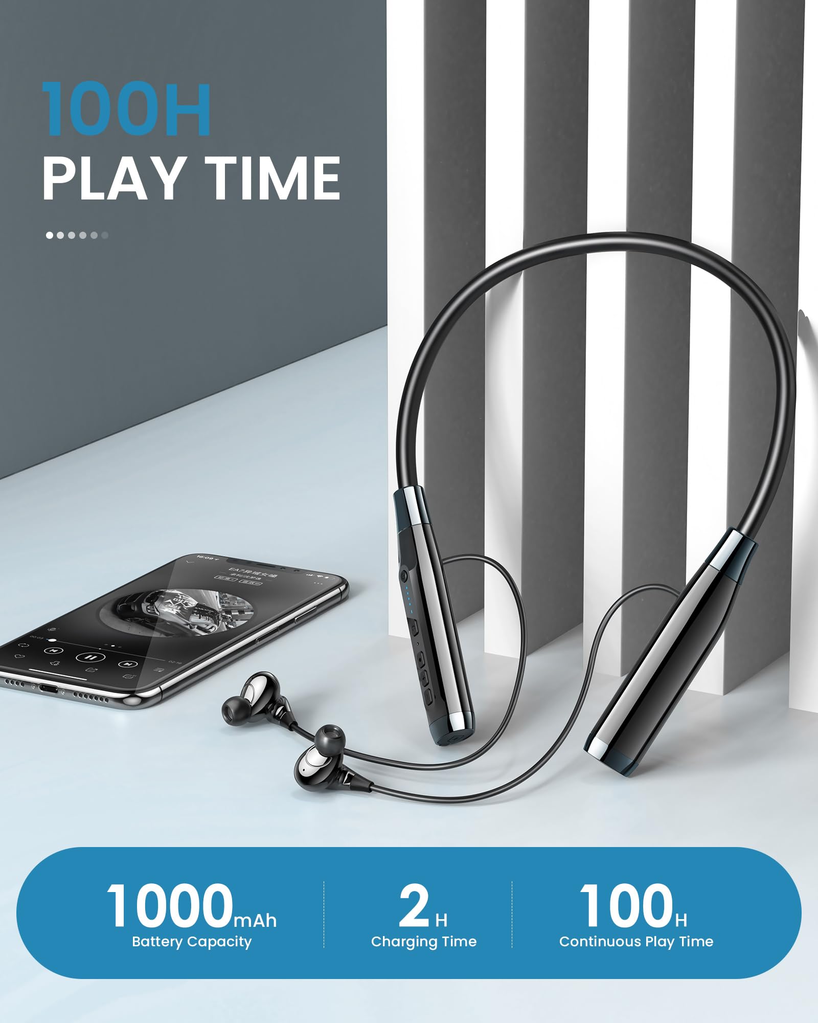 LAMA Słuchawki Bluetooth z pałąkiem na szyję, bezprzewodowe słuchawki IPX5, wodoszczelne, z mikrofonem redukcji szumów, dźwięk stereo HD, sportowe słuchawki douszne z 100 godzinami odtwarzania