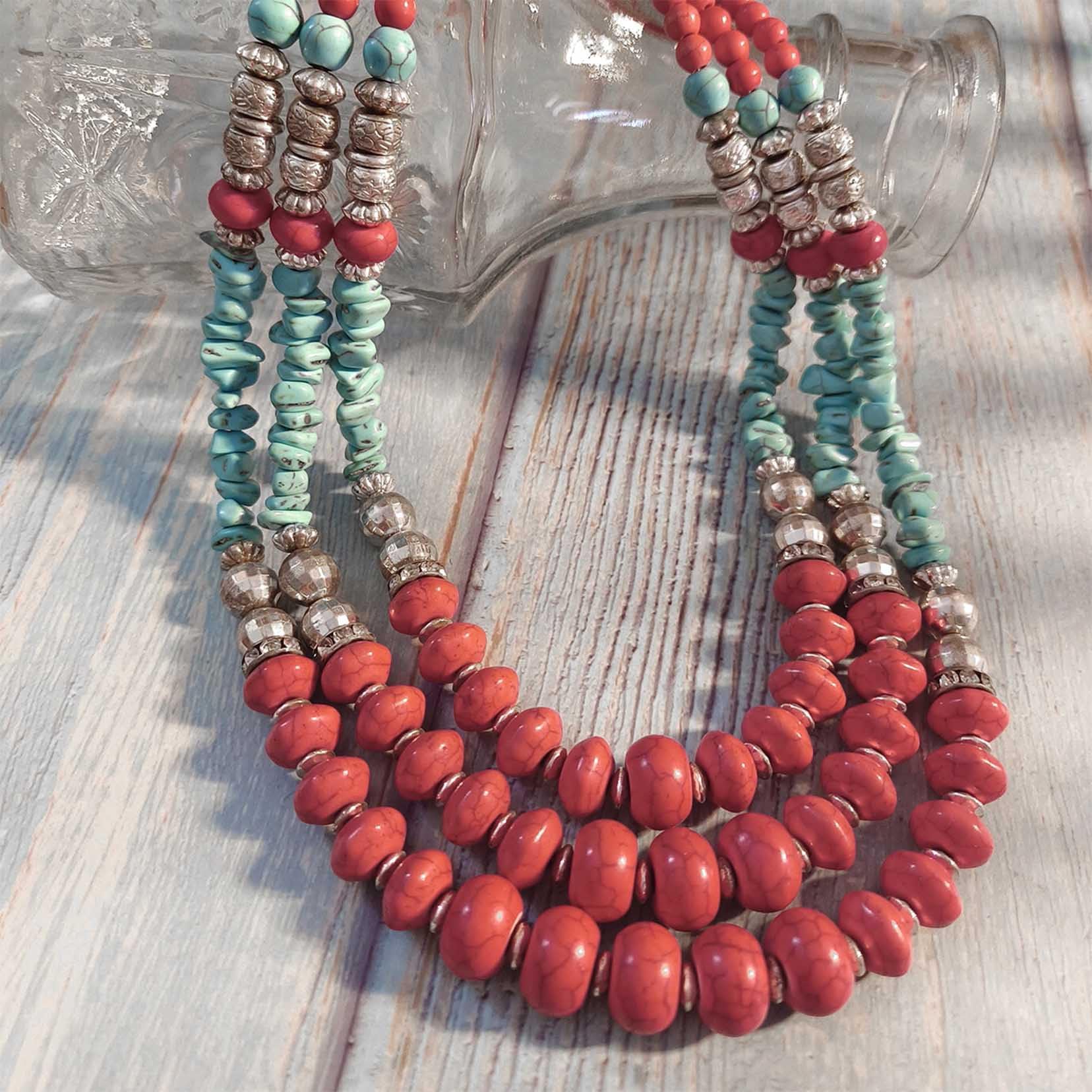 Red Multi-Layer Bead Collana Bohemian Style Triple Layered Collana Chunky Ciondolo Perline Etniche Choker Multi Strand Collana per Le Donne Red