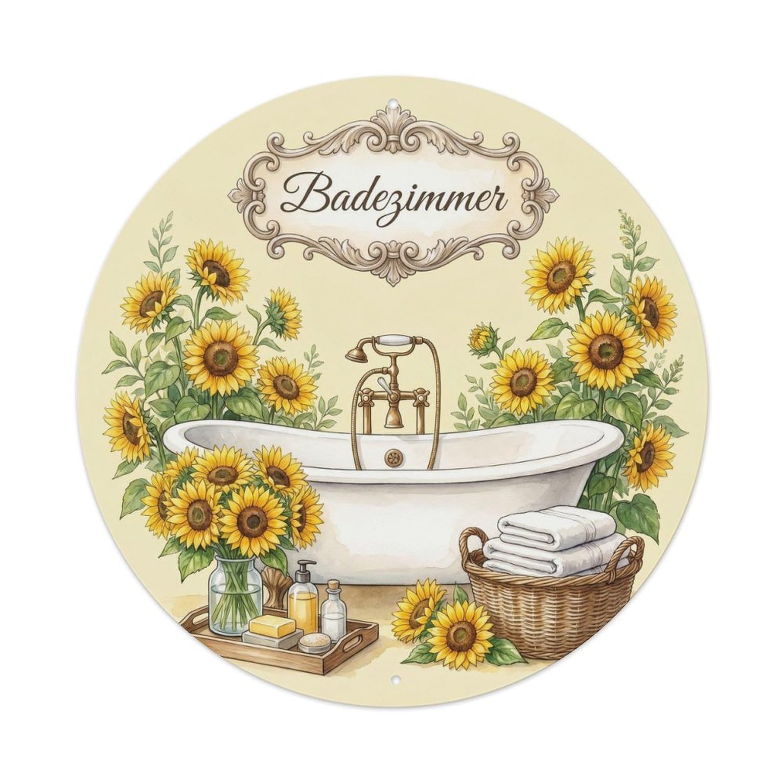 Yrnq Vintage Style Bathroom Sunflower Cottage Bathroom Vintage Metal Tin Sign Plaque Wall Decor For Cafe, Club, Garden Round Metal Poster 8X8inch