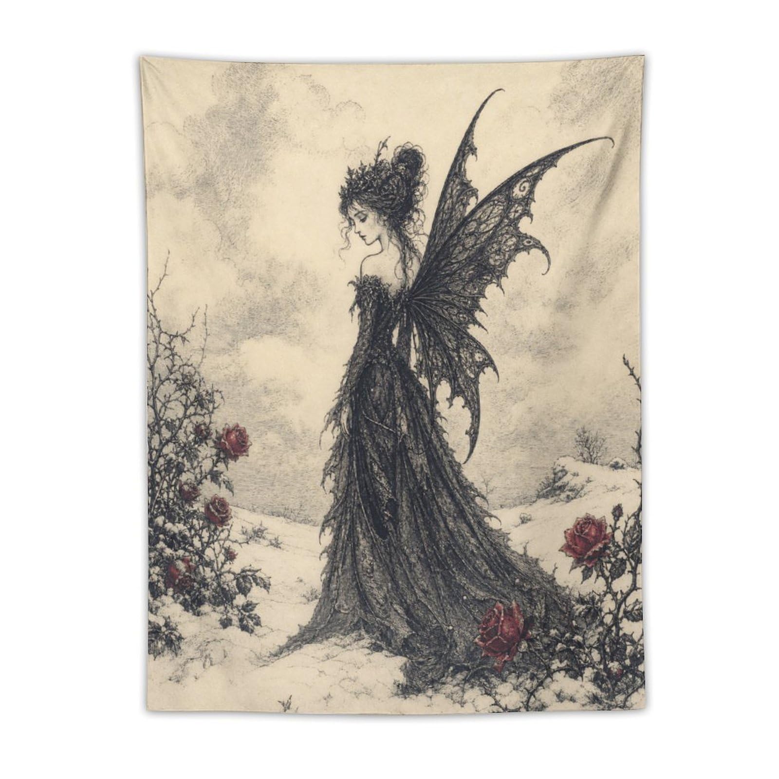 H3B8U2Y5 Dark Fairy with Roses Wall Tapestry, Fantasy Illustration