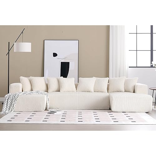 131'' Modular Sectional Couch, Modern U-Shaped Floor Sofa with Double Chaise Lounge, Comfy Corduroy Fabric Sofa Couch, Upholstered Corner Free Combination Sofa for Living Room, Apartment,White