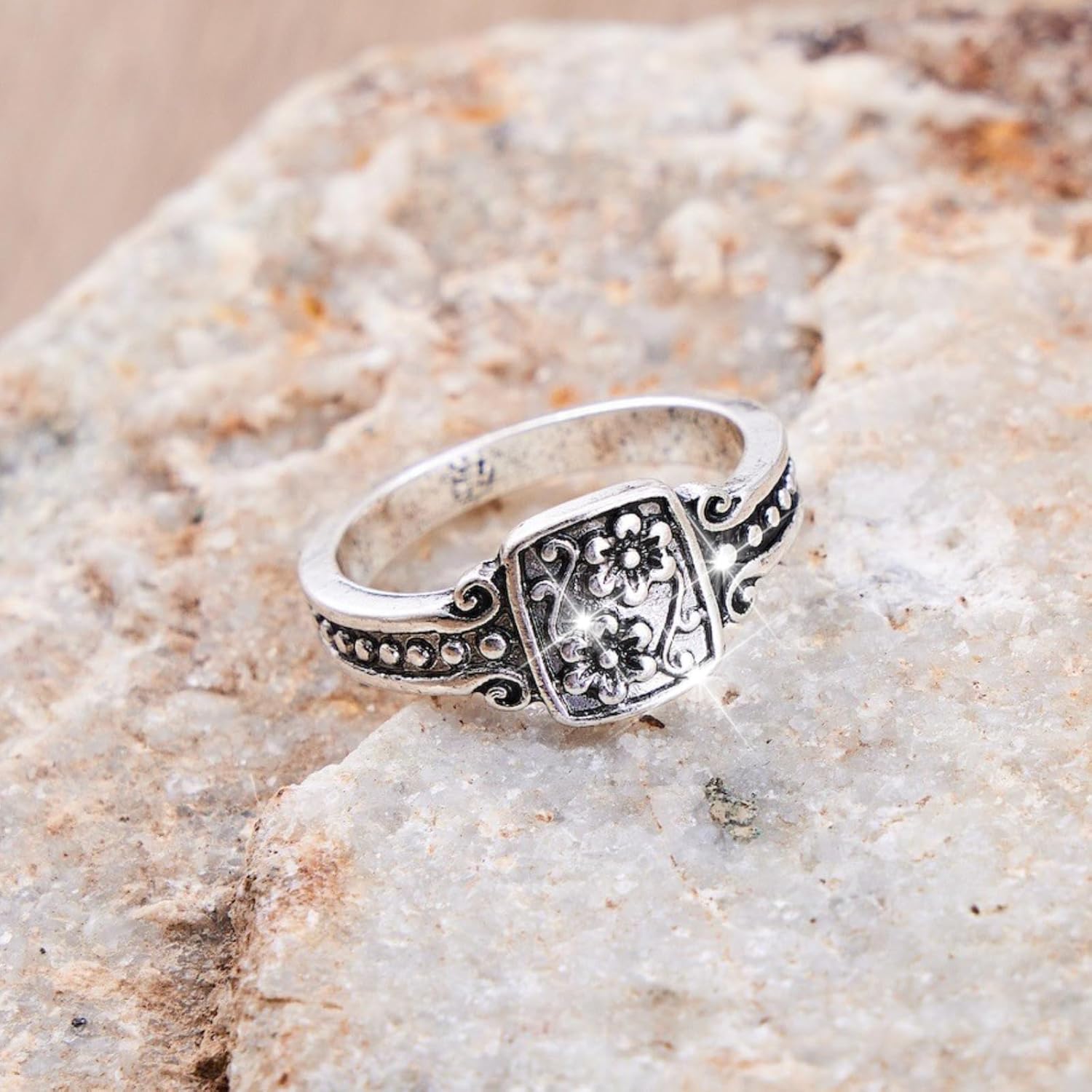 HUASAI Vintage Flower Ring for Women Chunky Silver Ring Statement Jewelry Dainty Finger Rings Knuckle Rings Retro Fashion Gift Stackable Accessory - Image 5