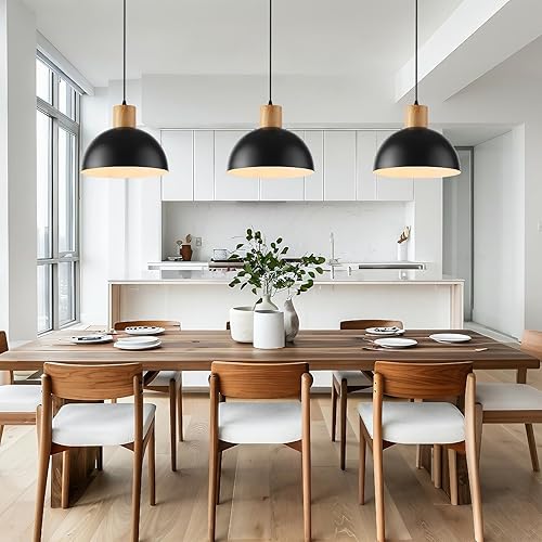 Miniatura 4 de Lámpara colgante de madera maciza negra, 11.8 pulgadas, lámpara colgante de cúpula ajustable, iluminación colgante moderna, para cocina, isla,