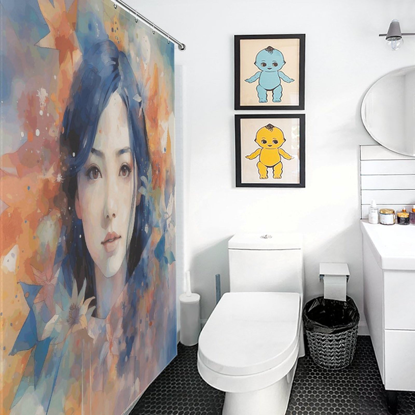 Rideau de salle de bain au style dessiné main pour transformer l'ambiance de la baignoire