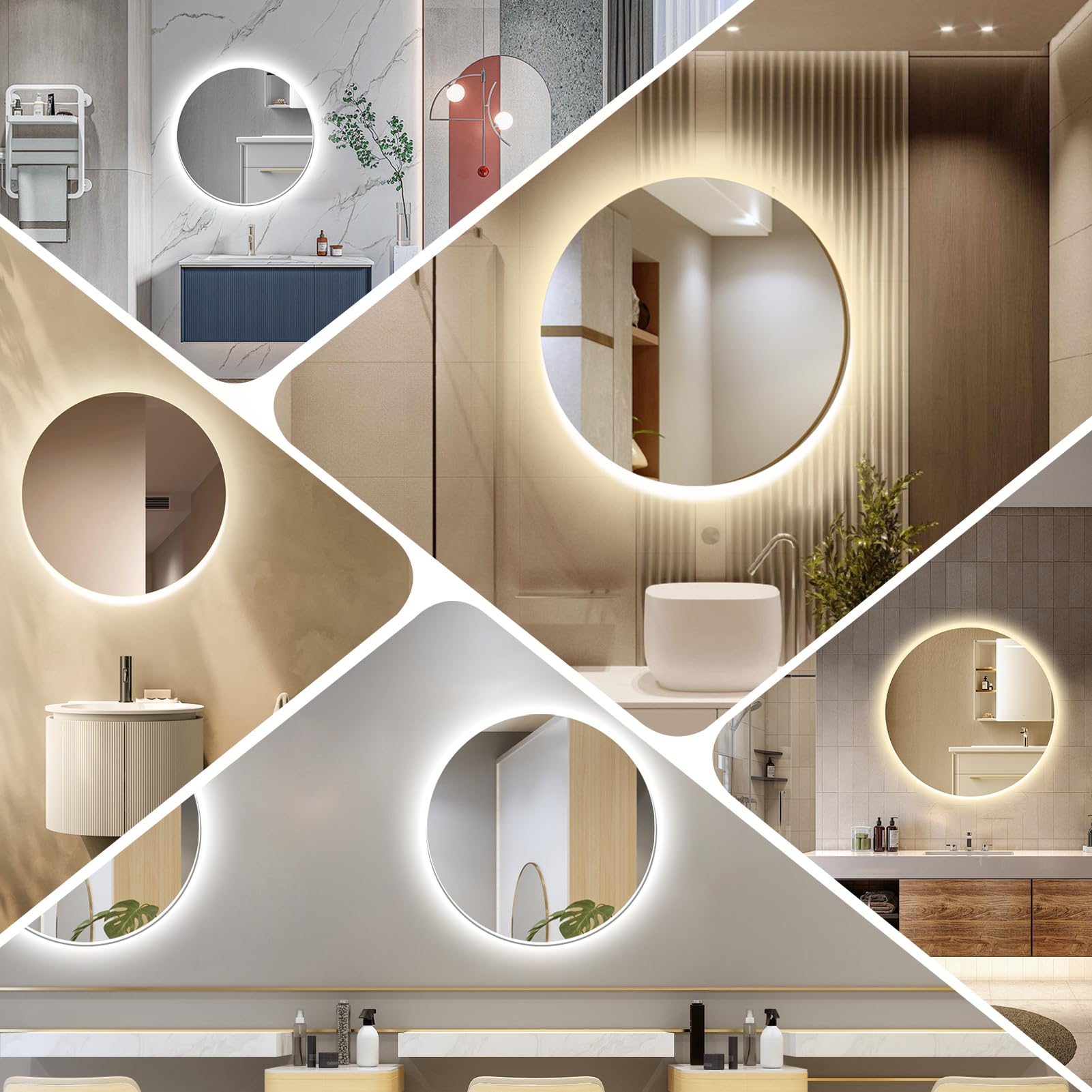 Sararoom Miroir de Salle de Bain Circulaire 60 X 60 cm avec Lampe LED et Interrupteur à Double Touche, Trois Températures de Couleur, Intensité Variable, Anti-Buée, Modèle Mural