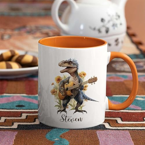 Miniatura 6 de Taza personalizada de dinosaurio para tocar la guitarra, taza de té de dinosaurio personalizada con nombre, taza de café única de dinosaurio, regalo