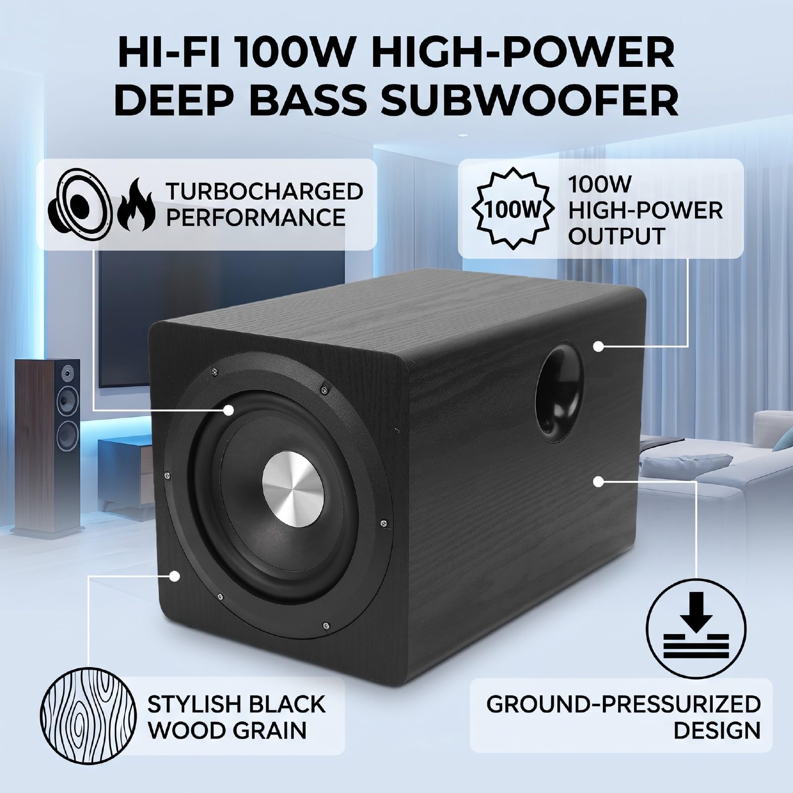 Bewinner Subwoofer Alimentato da 6,5 ​​pollici 100 W (Spina europea) | Altoparlante Woofer Attivo, Audio Home Theater, Bassa Frequenza HiFi, Design Pressurizzato a Terra, Serata di Film di Gioco