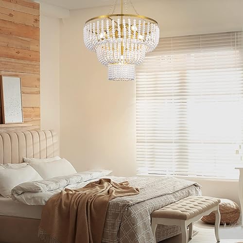 Miniatura 9 de Wellmet Lámpara de araña bohemia de 22 pulgadas con cuentas de madera para comedor, lámpara colgante dorada de granja de 3 niveles, lámpara blanca