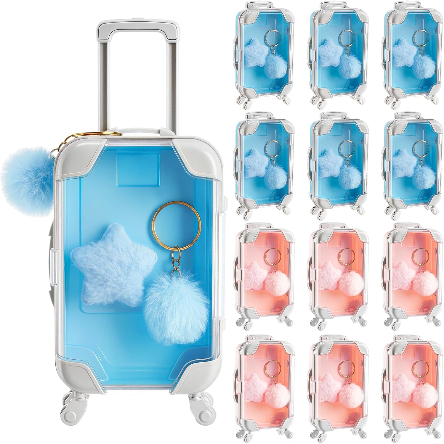 LemonRoad 36 Pcs Mini Suitcase Party Favor Box with Plush Ball Keychain and Hair Clips 6.69 x 3.74 x 1.97 Inches Clear Mini Suitcase Gift Box for Travel Baby Shower Wedding(Rose Pink)