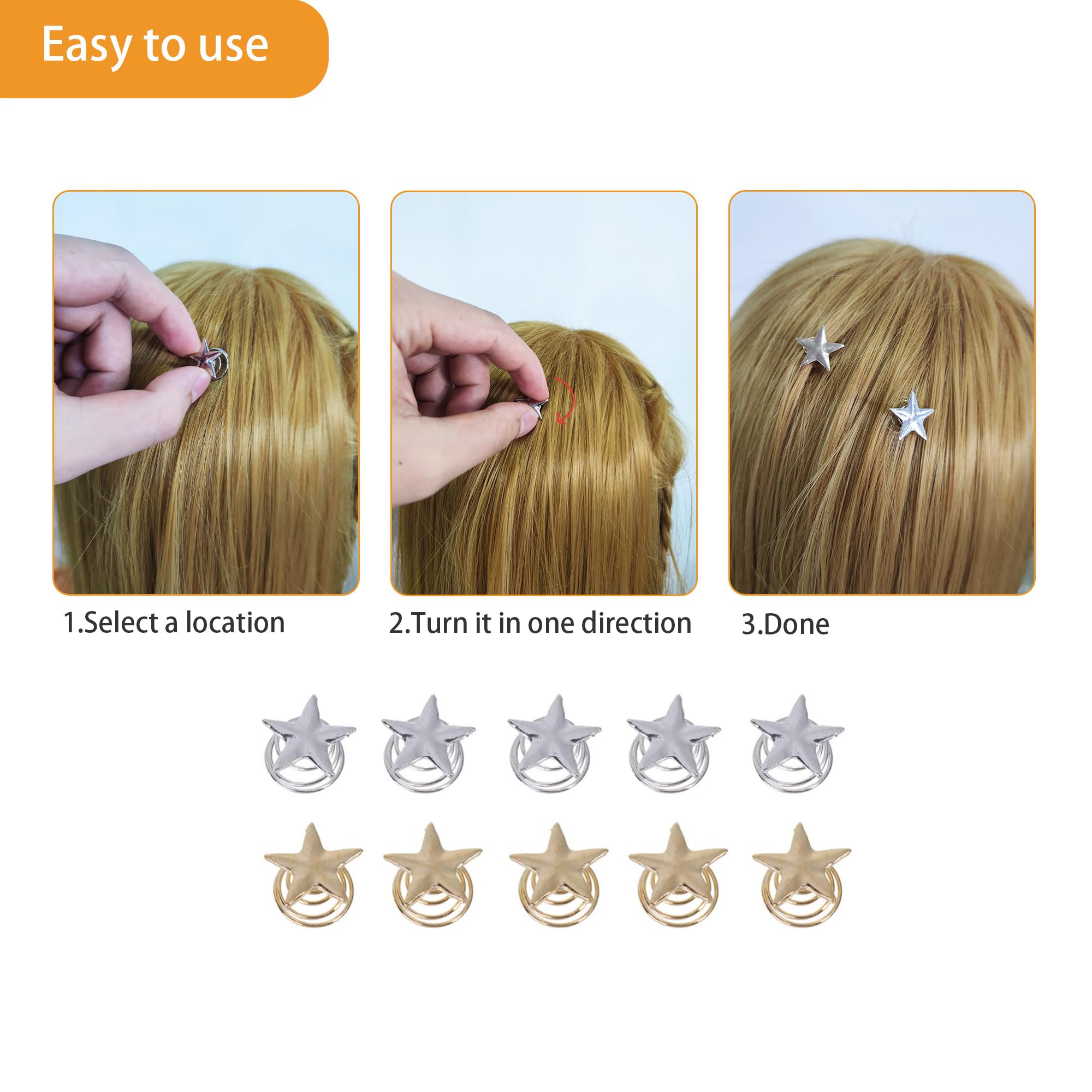 Lot de 10 épingles à cheveux en spirale - Étoiles - Épingles à cheveux en spirale - Accessoire de cheveux pour femme et fille - Pour mariage, fête de mariage, fête de mariée, etc (doré +