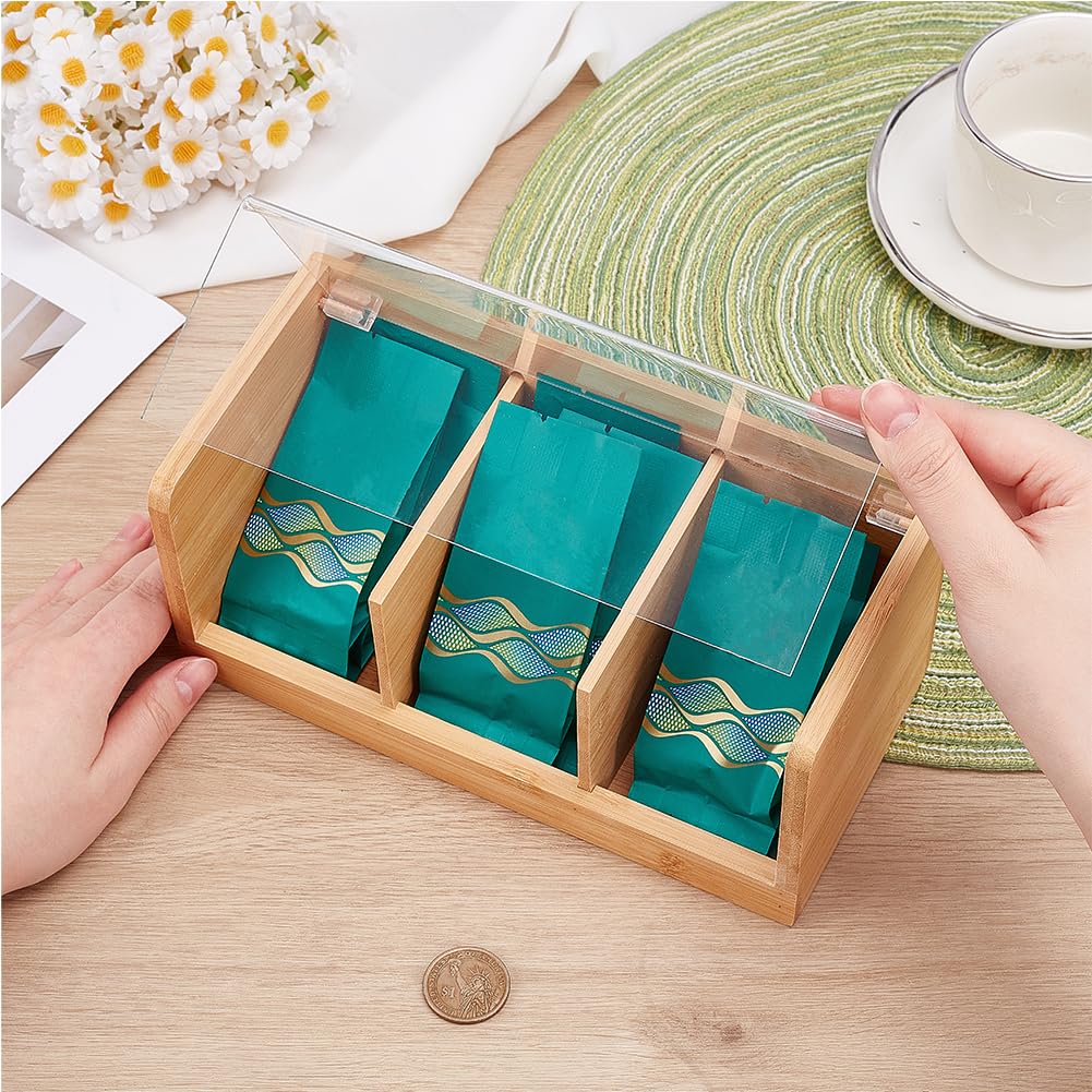 OLYCRAFT Organizzatore per Bustine di Tè 3 scomparto Scatola Portaoggetti In Bambù con Coperchio Trasparente In Acrilico Organizzatori per Tè Bustine di Caffè Zucchero Piano Lavoro Della Cucina