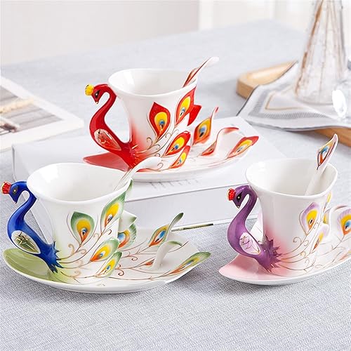 Miniatura 5 de Taza, taza de escritorio de café, taza de cerámica creativa 3D hecha a mano de porcelana esmaltada de pavo real taza de café con platillo y cuchara,