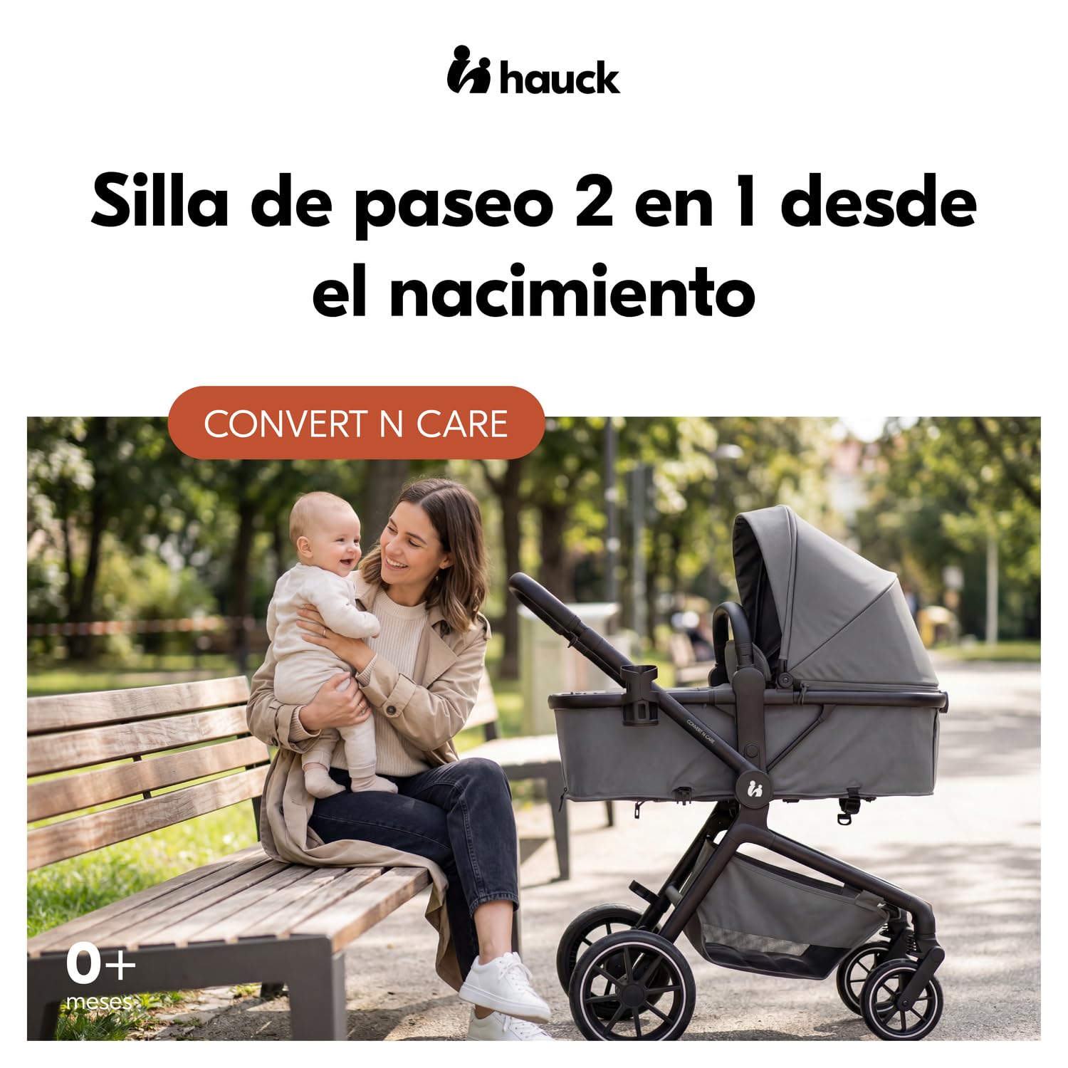 hauck Convert N Care Carrito Bebe 2 en 1 desde el Nacimiento hasta 22 kg - Capazo Convertible en Asiento Reversible - Protección UV 50+ - Ruedas de Goma - Con Adaptadores para Grupo 0+ - Gris