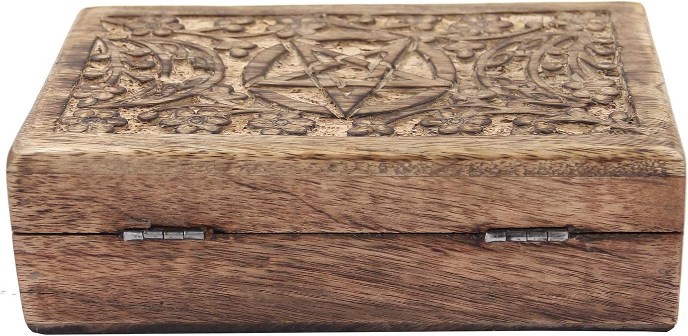 DharmaObjects Hand Carved Jewelry Trinket Keepsake Wooden Storage Box (Triple Moon, Large)