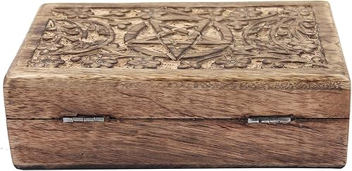 Miniatura 7 de DharmaObjects Caja de almacenamiento de madera tallada a mano para joyería (Triple Moon, grande)