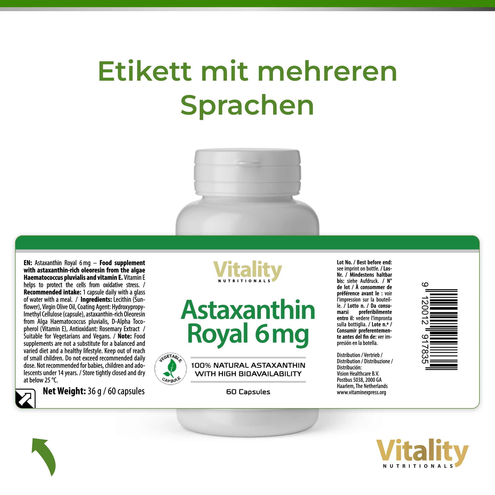 Astaxanthin Kapseln Hochdosiert mit 6 mg aus der Haematococcus Pluvialis Mikro-Alge pro Kapsel + Vitamin E (60 Stk) Astaxanthin Royal Vitality Nutritionals by VitaminExpress