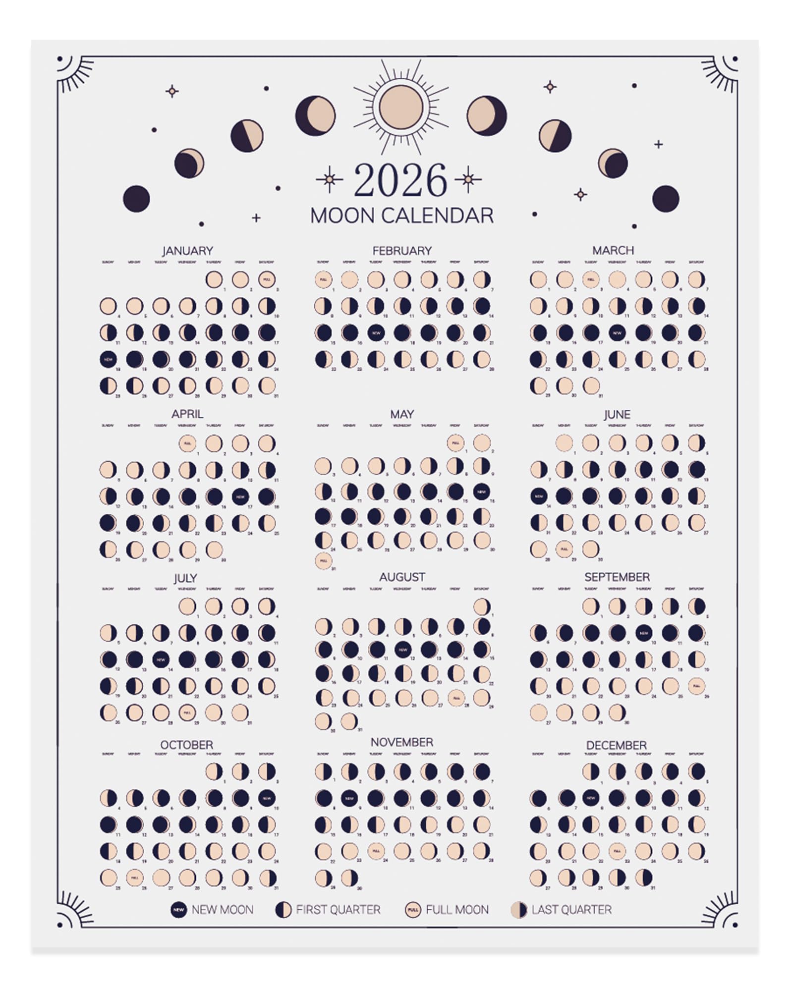 2026 Wall Calendar - Moon Phases Poster, 11 x 14 inches Hangable