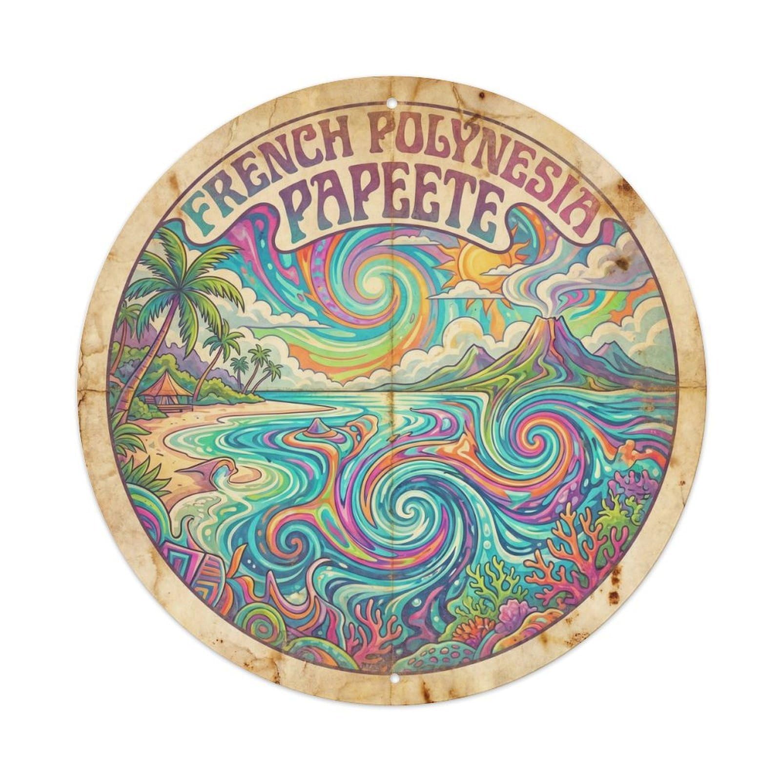French Polynesia Papeete Island Psychedelic Metal Tin Sign
