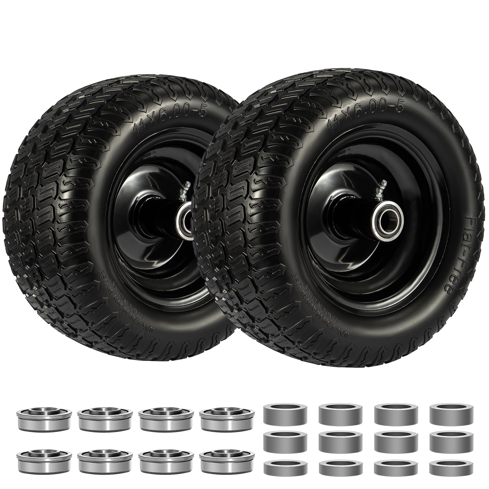 Neumático para cortacésped de 11 x 6.0-5 pulgadas, patrón plano, 2 piezas con rodamientos de 3/4 pulgadas o 5/8 pulgadas y 1/2 pulgadas, rodamientos de 6 a 8 pulgadas, carga 400 libras para giro cero