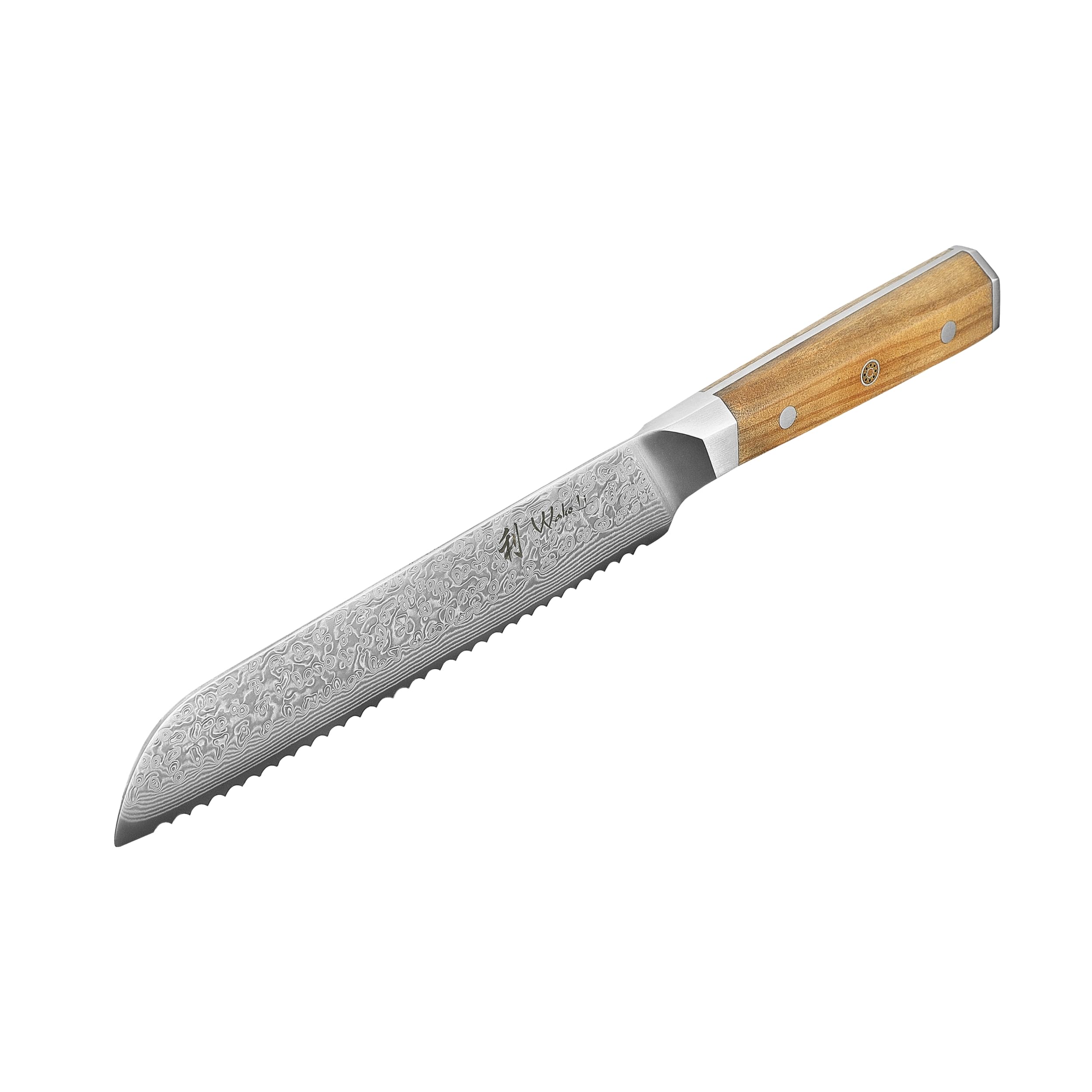 Wakoli Oribu Brotmesser mit 20 cm Klinge, VG10 Kern, 67 Lagen Damaststahl | Brotmesser: einseitiger 15° Wellenschliff, Full Tang, Olivenholzgriff, für Brot, Brötchen und Baguette, Geschenkbox