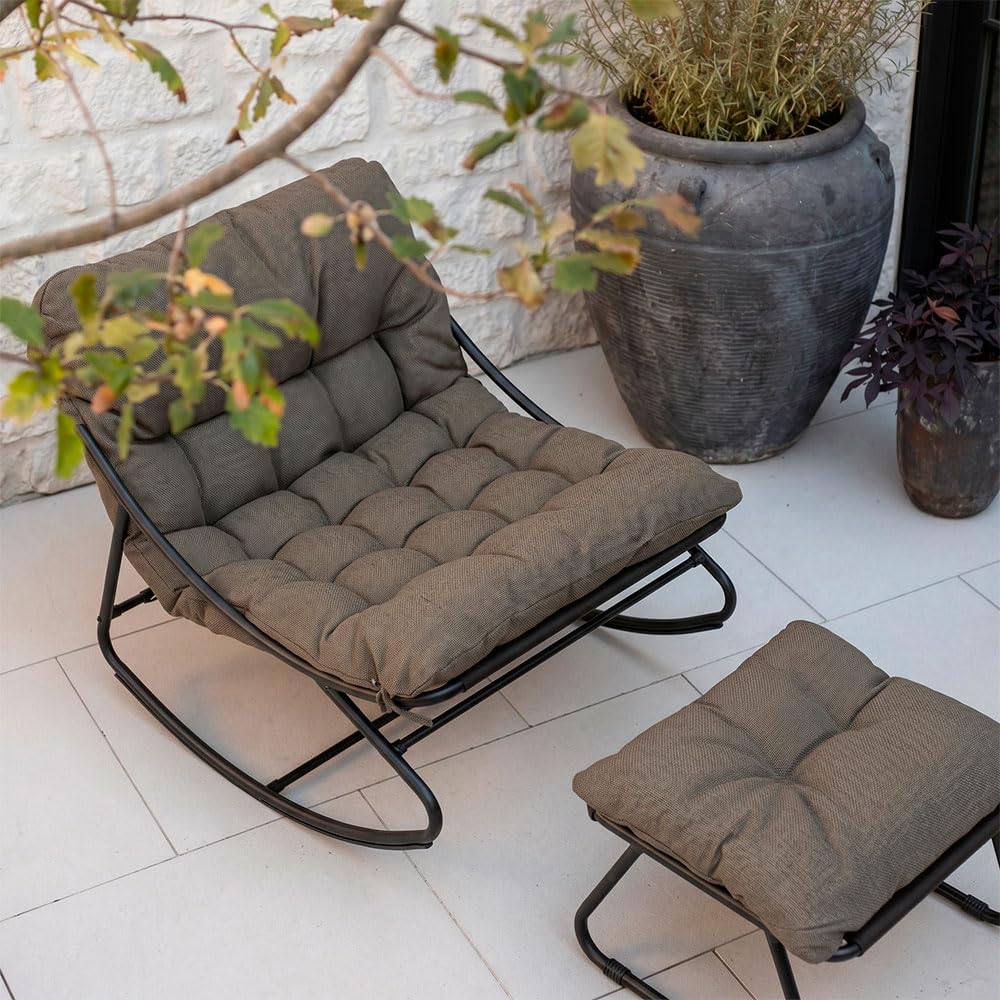 SIEDITI FUORI E DENTRO Poltrona a dondolo con poggiapiedi e cuscini imbottiti, sedia a dondolo da lettura e relax per veranda, terrazza - Adelaide (Grigio scuro)