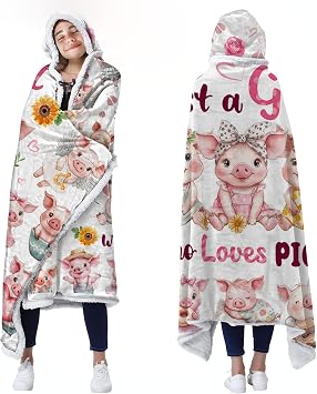 Hooded Pig Wearable Blanket for Women Girls, Pig Gifts for Christmas Valentines Day, Just A Girl Who Loves Pigs Blanket Hoodie, Cozy Pet Stuff Blanket47*71