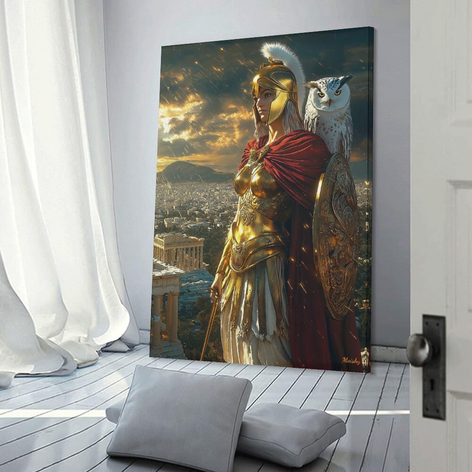 Junmoney Goddess Athena Statue with Owl Home Decor Wall Art, 24x36inch(60x90cm), for Wall Displays, Bedrooms Or Room Updates, Ideal for Building A Coordinated Art Wall