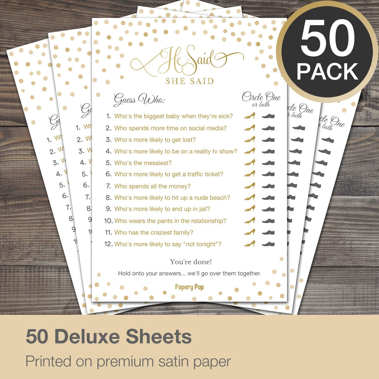 He Said She Said (50 Pack) - Bridal Shower Games - Wedding Shower Games - Wedding Games - Bachelorette Party Games - Gold