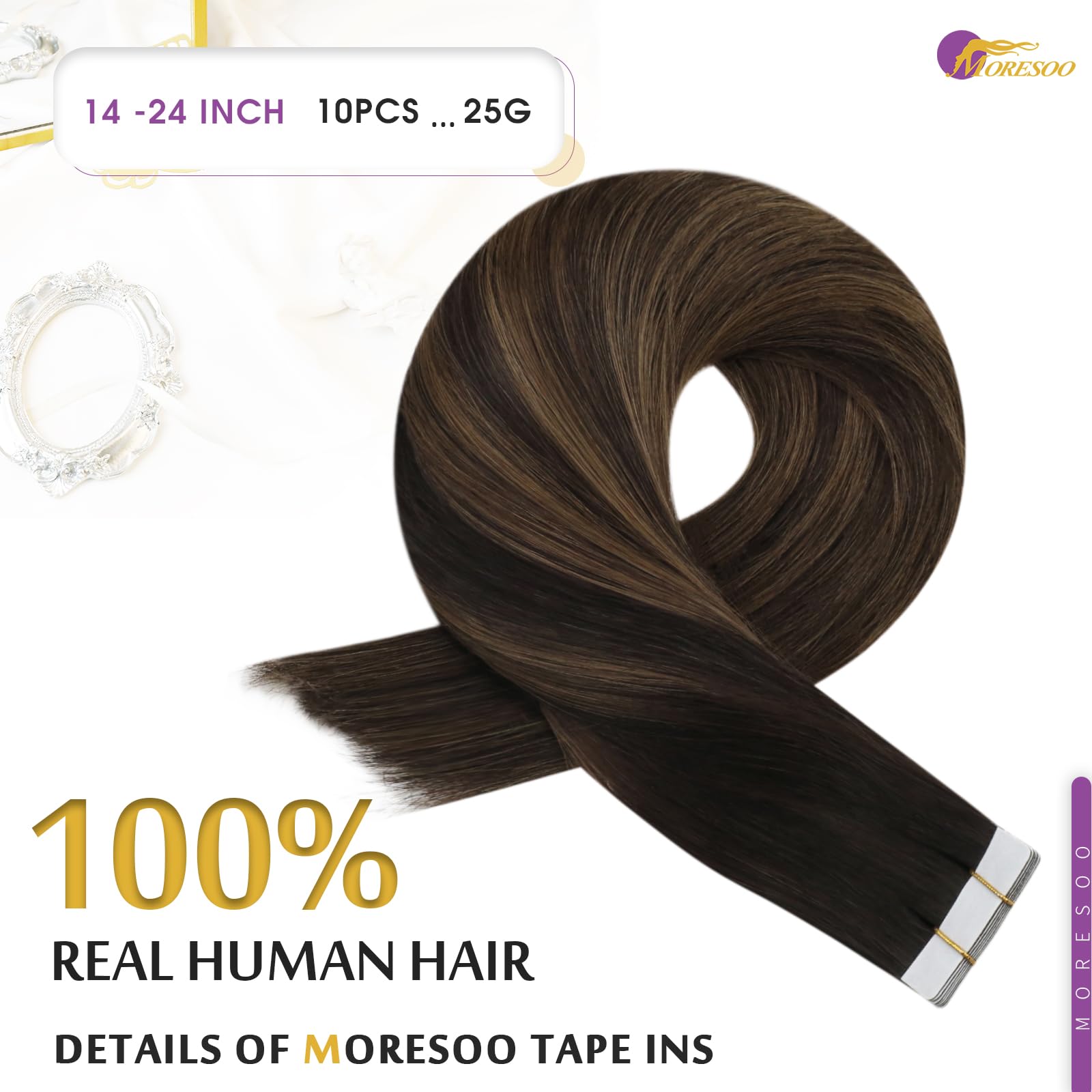 Moresoo Tape in Hair Extensions Human Hair 24 Inch Balayage Darkest Brown and Chestnut Brown Invisible Tape in Hair Extensions Ombre Straight Hair Lightweight All Day 10 Pieces/25g #2/6/2 - Image 3