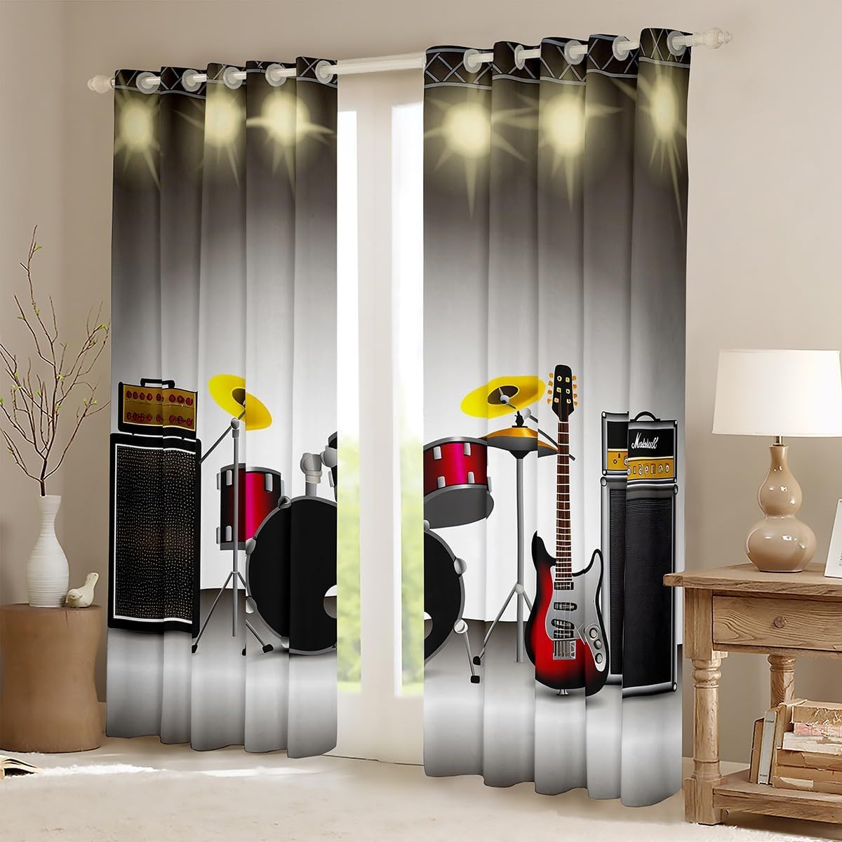Feelyou Rock Music Curtains for Bedroom Living Room Teens Boys Electronic Musical Instrument Curtain Guitar Drum Speaker Window Drapes 38Wx 45L Inches 2 Panels