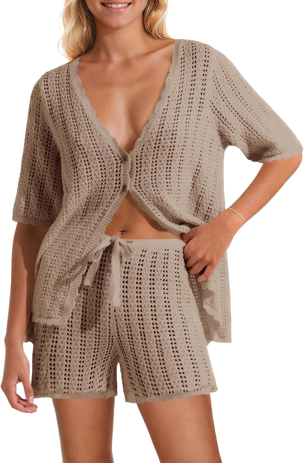 Saodimallsu Women Crochet 2 Piece Swimsuit Cover Up Short Sleeve Knit Tops Shorts Sets Summer Beach Vacation Outfit