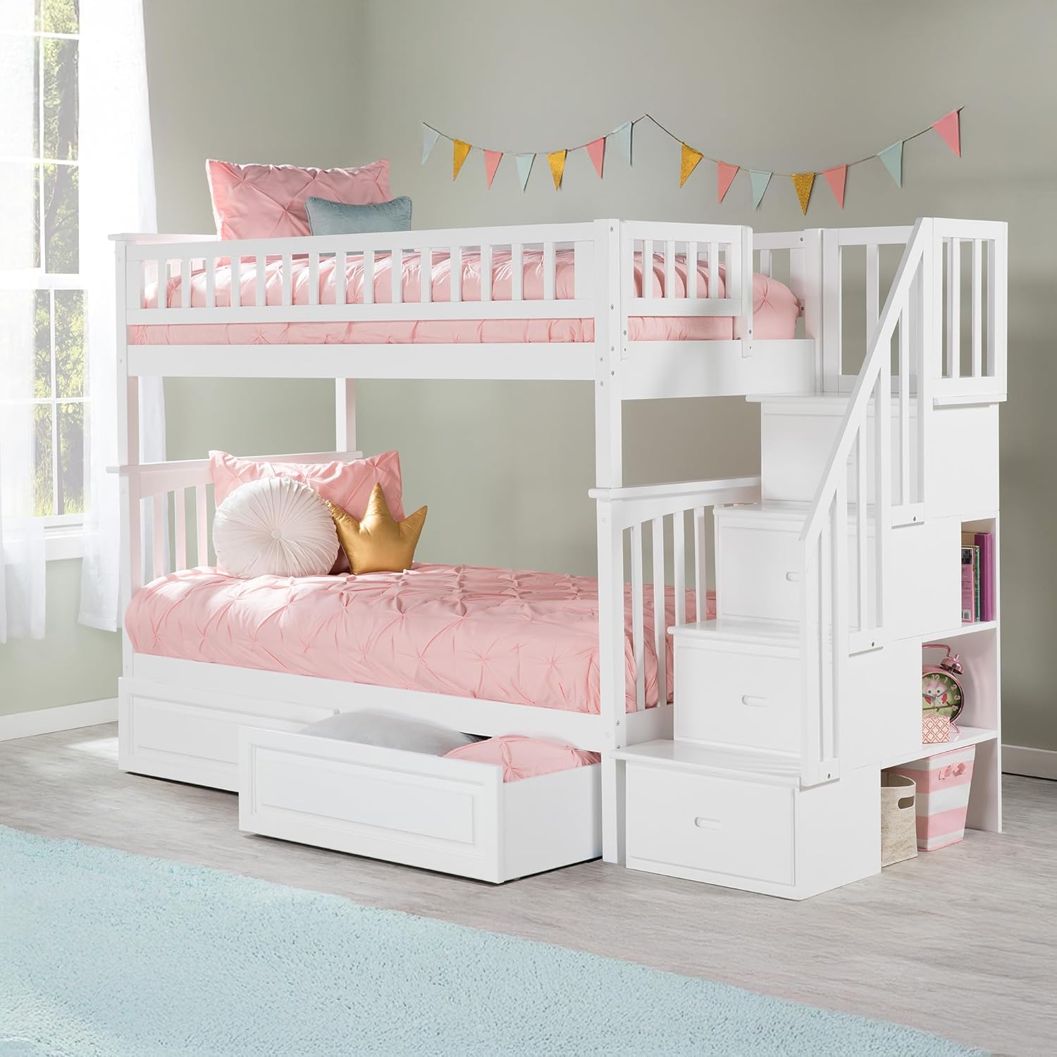 AFI, Columbia Staircase Bunk Bed Twin Over Twin Raised Panel Bed Drawers, White