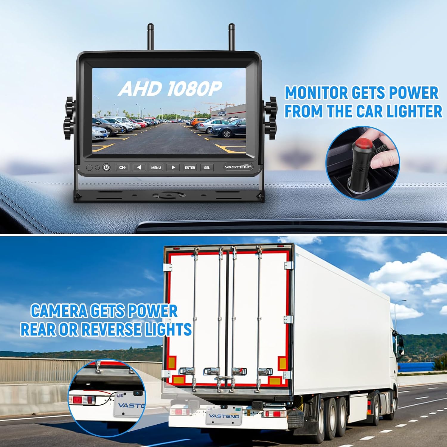 Diagram showing how the monitor gets power from the car lighter and the camera gets power from the rear or reverse lights of a truck.