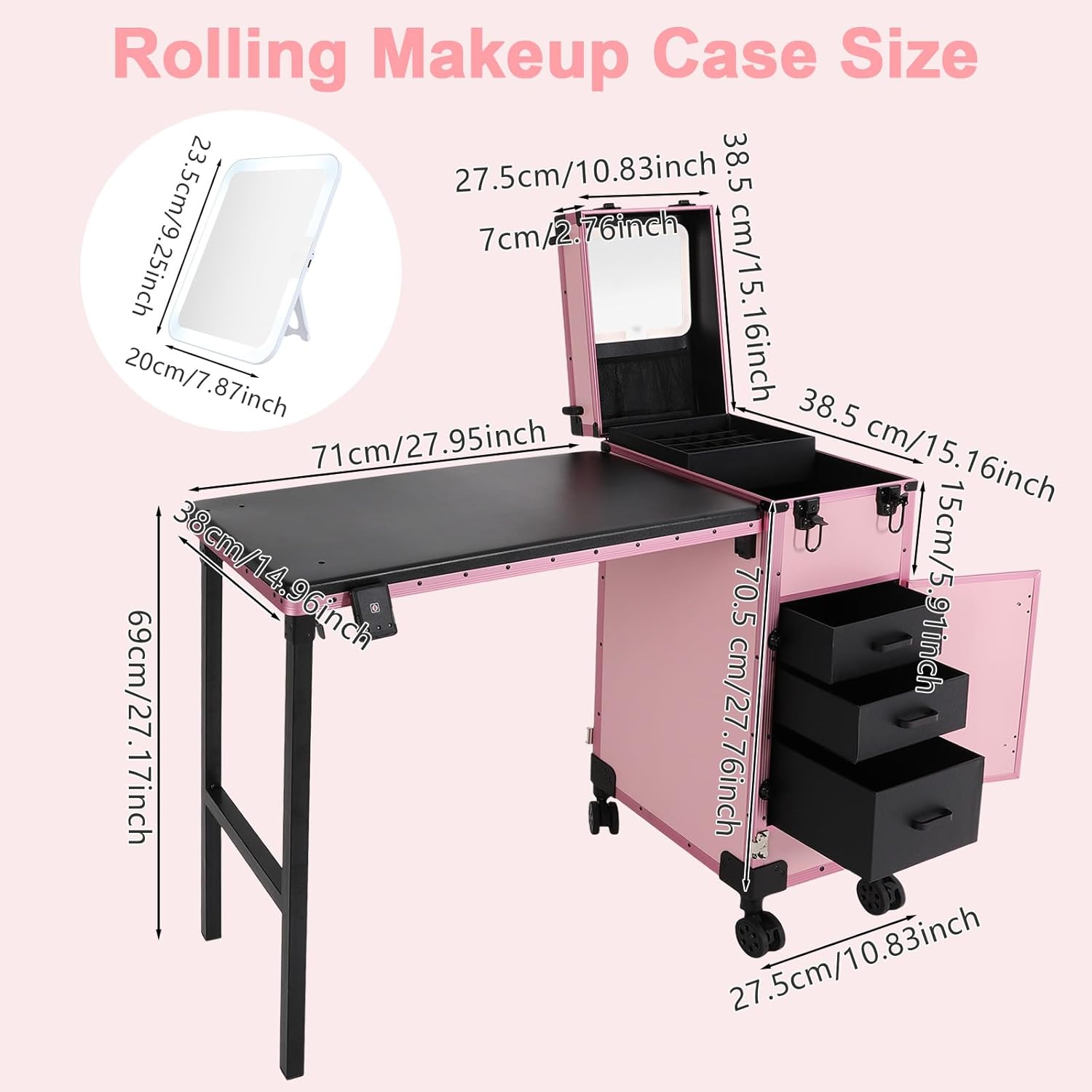 Rolling Manicure Table Foldable Nail Desk w/3 Drawers LED Mirror & Nail Polish Organizer, Portable Travel Nail Desk with storage on Wheels Lockable Makeup Train Case (Pink)