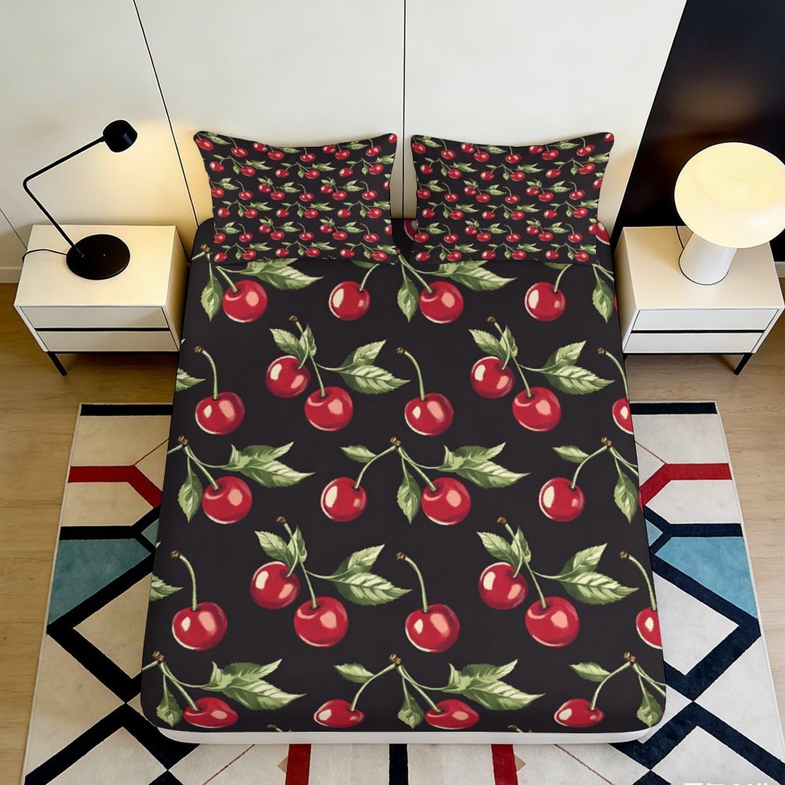 Decorative cherry print Fitted Sheet 3D Printed, soft touch Microfiber, wrinkle resistant, home decor, guest room bedding, stylish accent 90x200x25cm