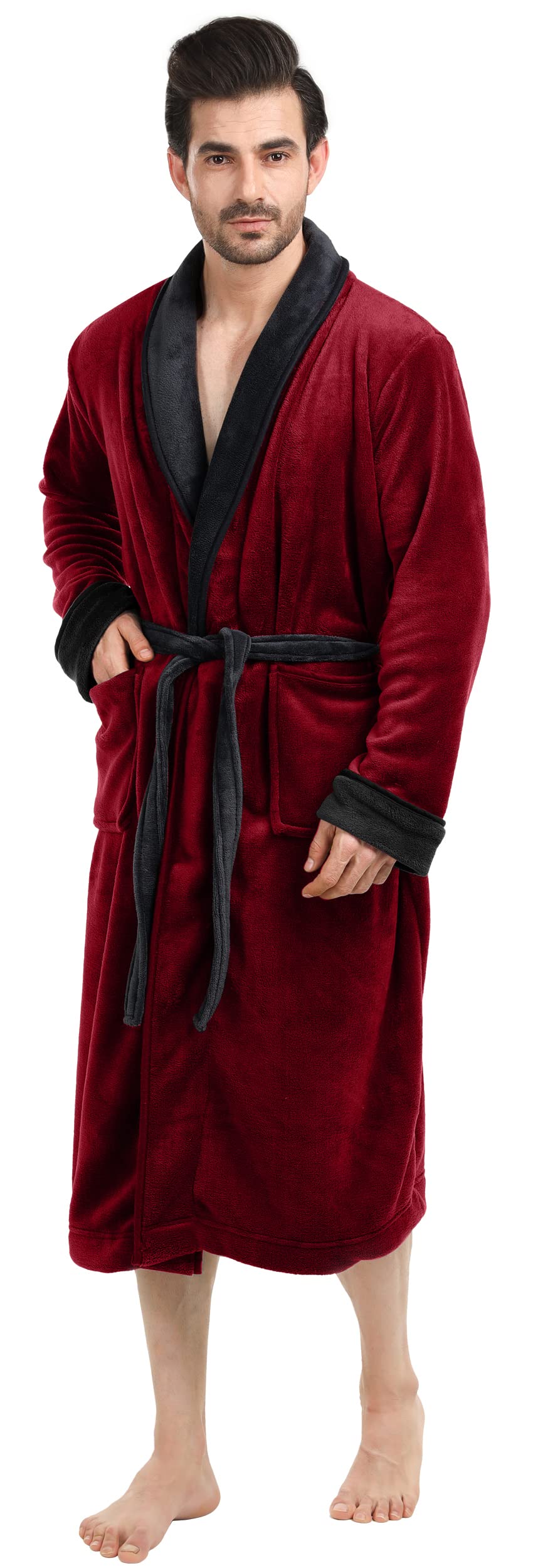 NY Threads Luxurious Men's Shawl Collar Fleece Bathrobe Long Spa Robe, Large-X-Large, Burgundy Black