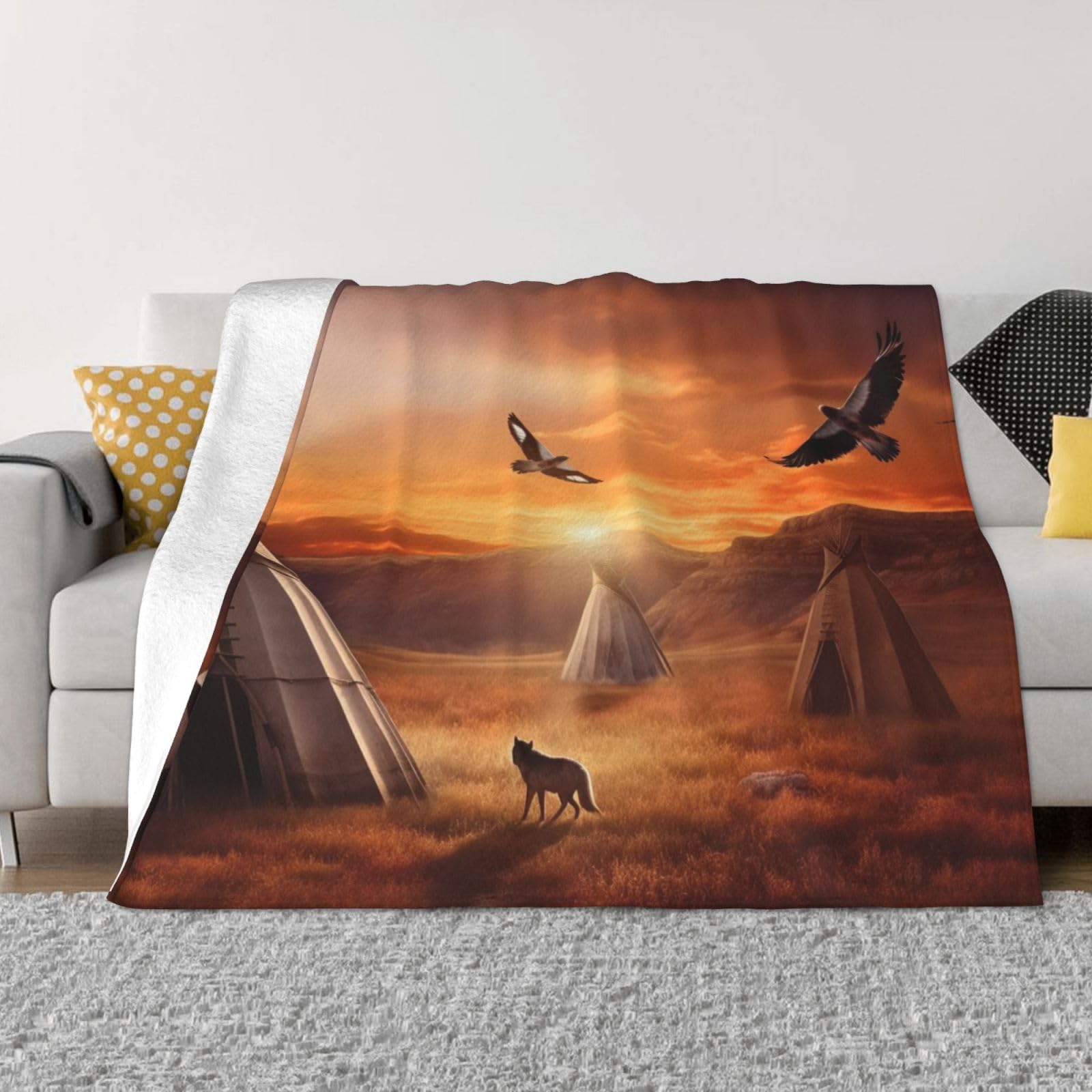 KLOPH Native American Tribes Throw Blanket 50"x40" Flannel Fluffy Warm Blanket for Couch, Reversible Plush Blankets for Bed, Comfy Fuzzy Blanket for Sofa, Plush Lightweight-Blankets for All Season
