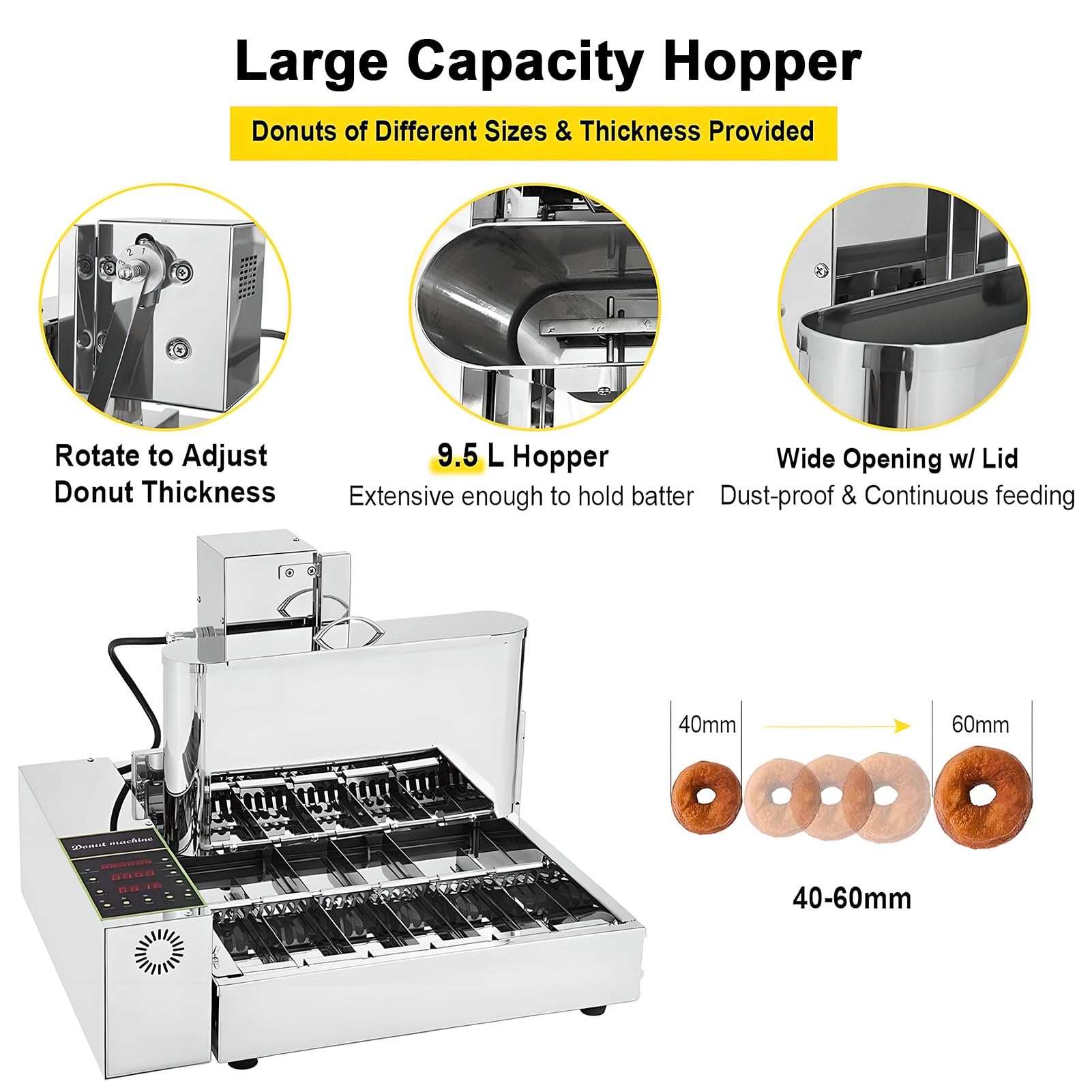 Macchina automatica per ciambelle, friggitrice digitale commerciale da 2000 W con pannello di controllo intelligente, regolazione della temperatura 50~220 ℃, ribaltamento automatico 6 Row