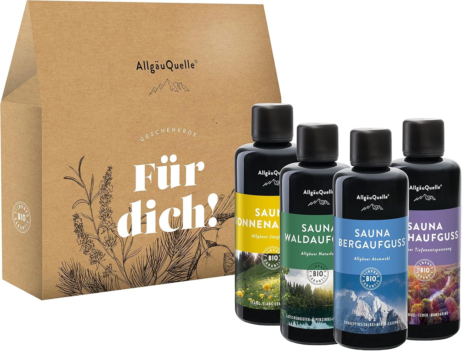 AllgäuQuelle® Saunaduft Aufguss mit [100% Bio Öle] verschiedene Düfte - Das Saunaöl Konzentrat für echte Sauna Fans (100 ml (4er Pack, Für Dich 4er)