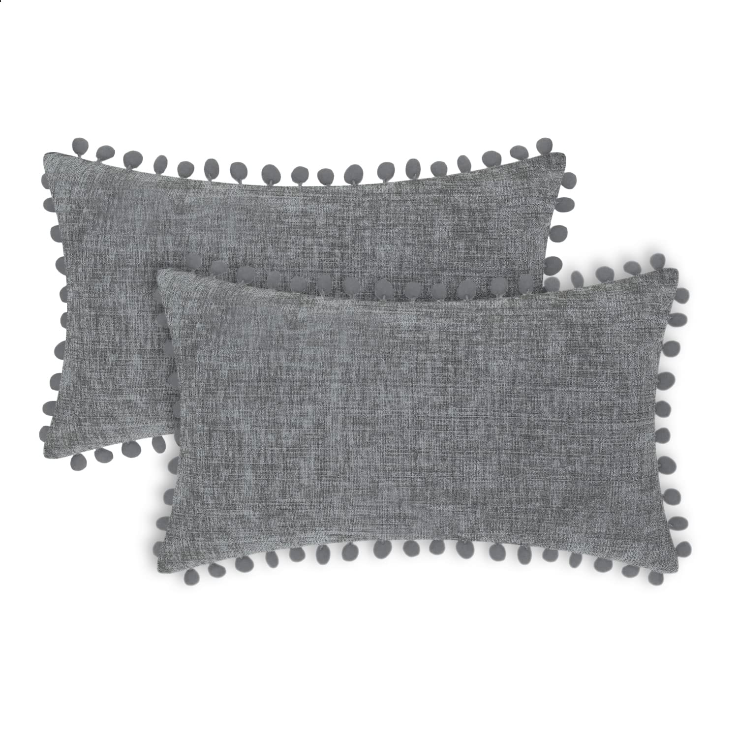 CaliTime Pillow Cases Pack of 2 Cozy Solid Dyed Soft Chenille Cushion Covers with Pom Poms for Couch Sofa Home Decoration 30cm x 50cm Medium Grey